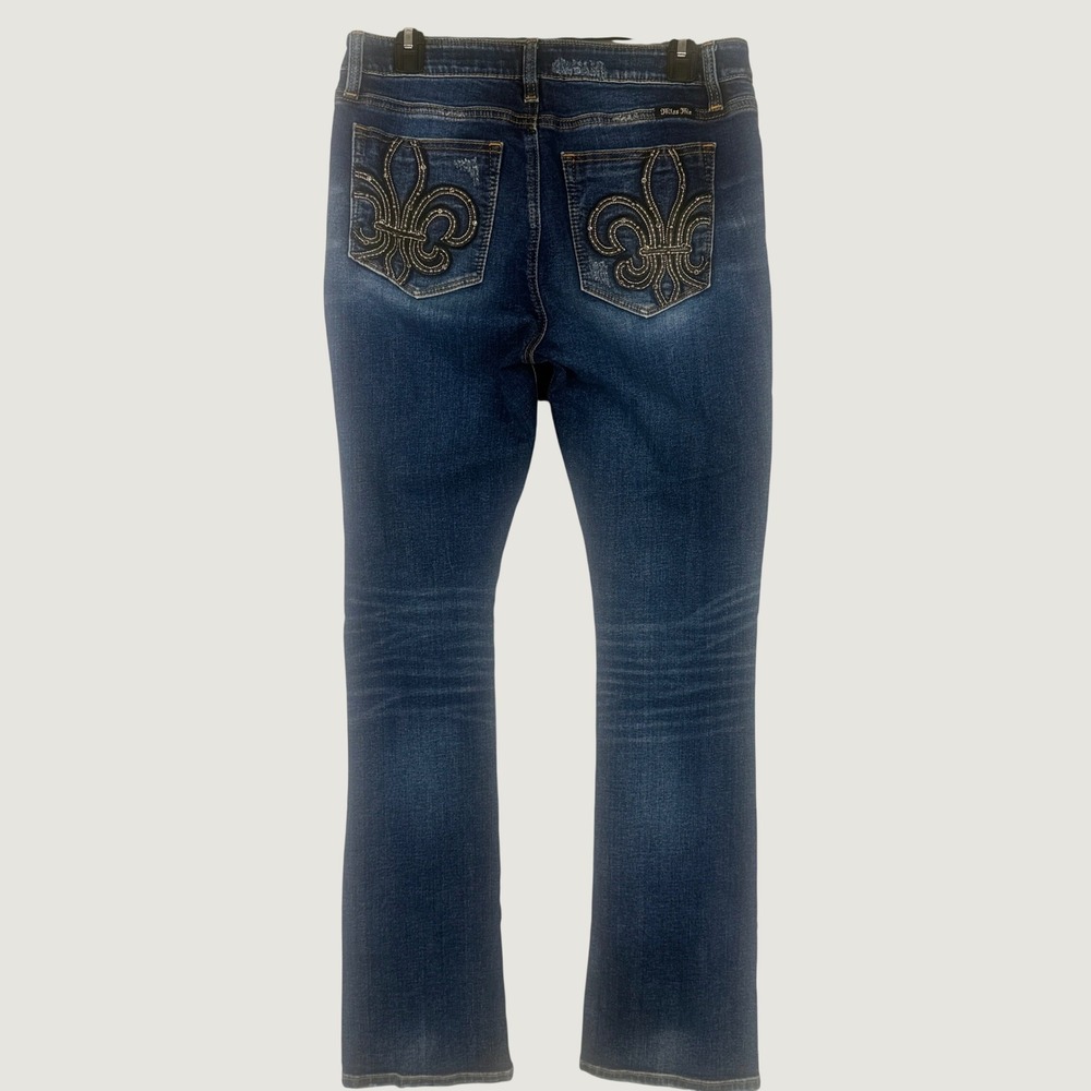 Miss Me Slim Bootcut Jeans Womens 31 Blue Fleur de Lis Distressed M3032SB